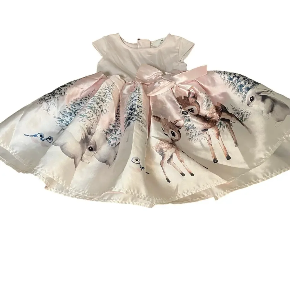 H&M pink white snowy woodland deer Christmas sleeveless flare dress SIZE‎ 2T